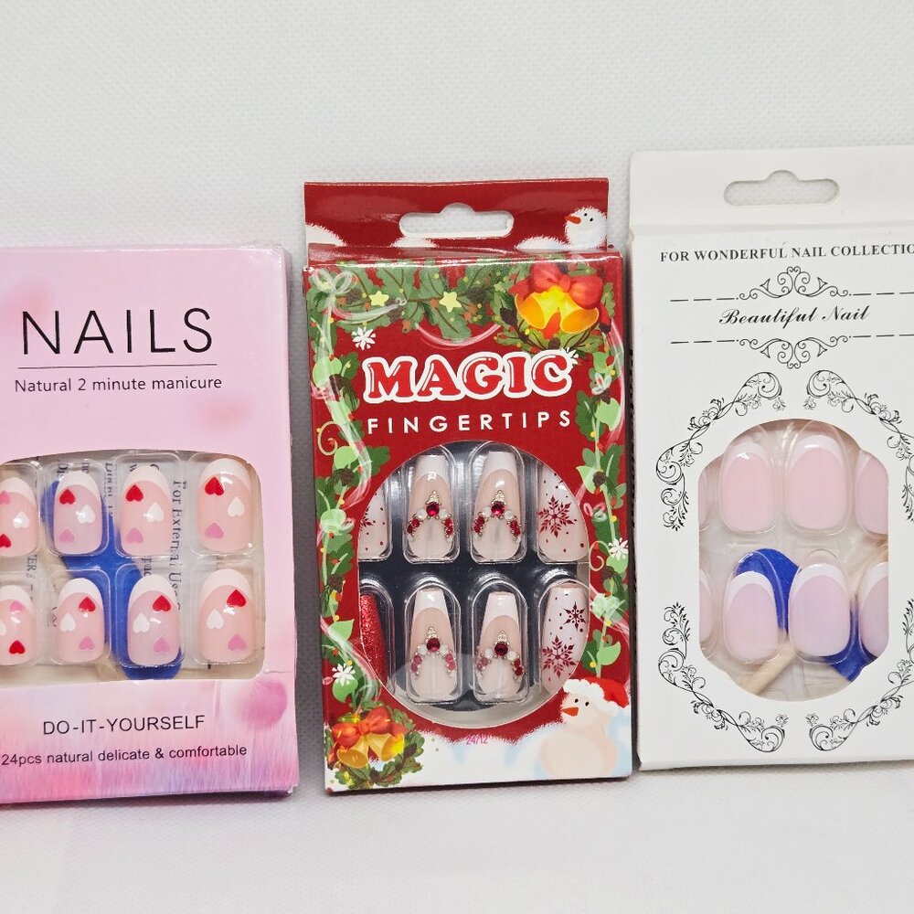 3 BOXES NATURAL PRESS ON NAILS FRENCH TIP, CHRISTMAS & PINK HEARTS NIB 72 TOTAL